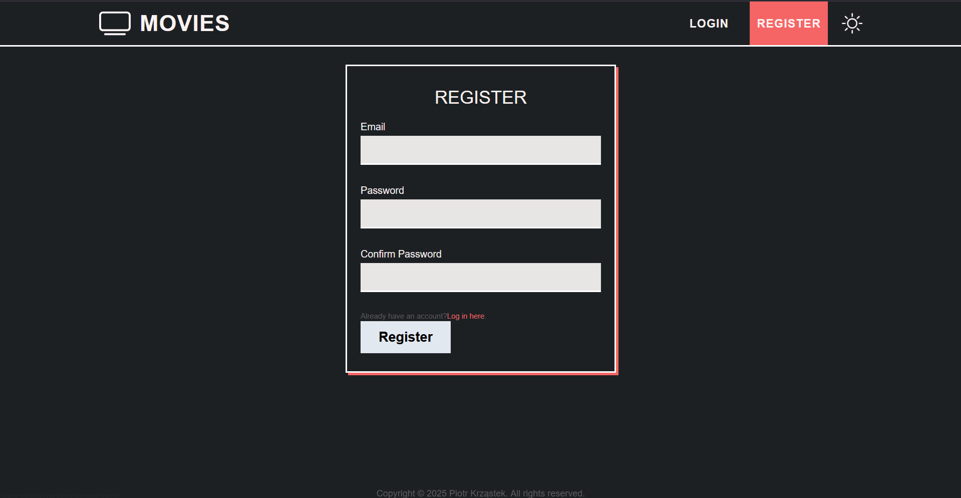 movies screenshot - register page